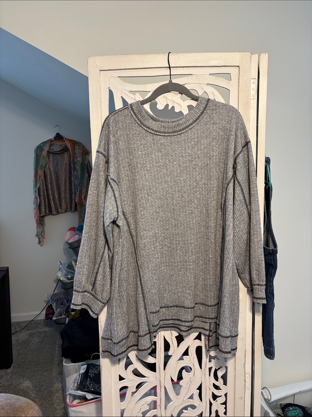 Gray Ribbed Long Sleeve Women's knit top